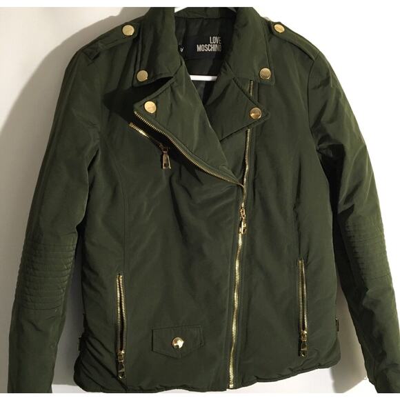 Love Moschino Women's Size 6 Olive Green Nylon Moto Biker Style Zipper Jacket - Picture 2 of 6